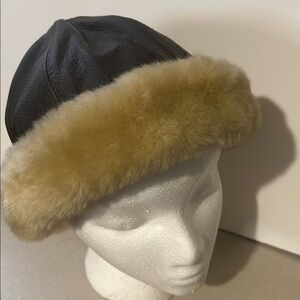 Black Leather Hat with Fur Trim